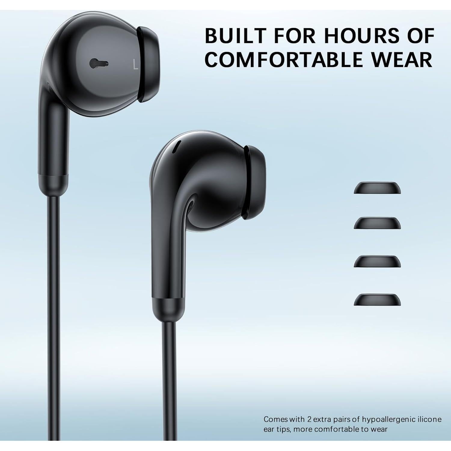 3.5mm Headphones Wired Earbuds with Microphone Noise Cancelling Earphone HiFi Stereo Clear Call Volume Control Semi in-Ear Ear Buds for Samsung A14 S10 A12 A25 Moto G Power G Pure School Travel, Black