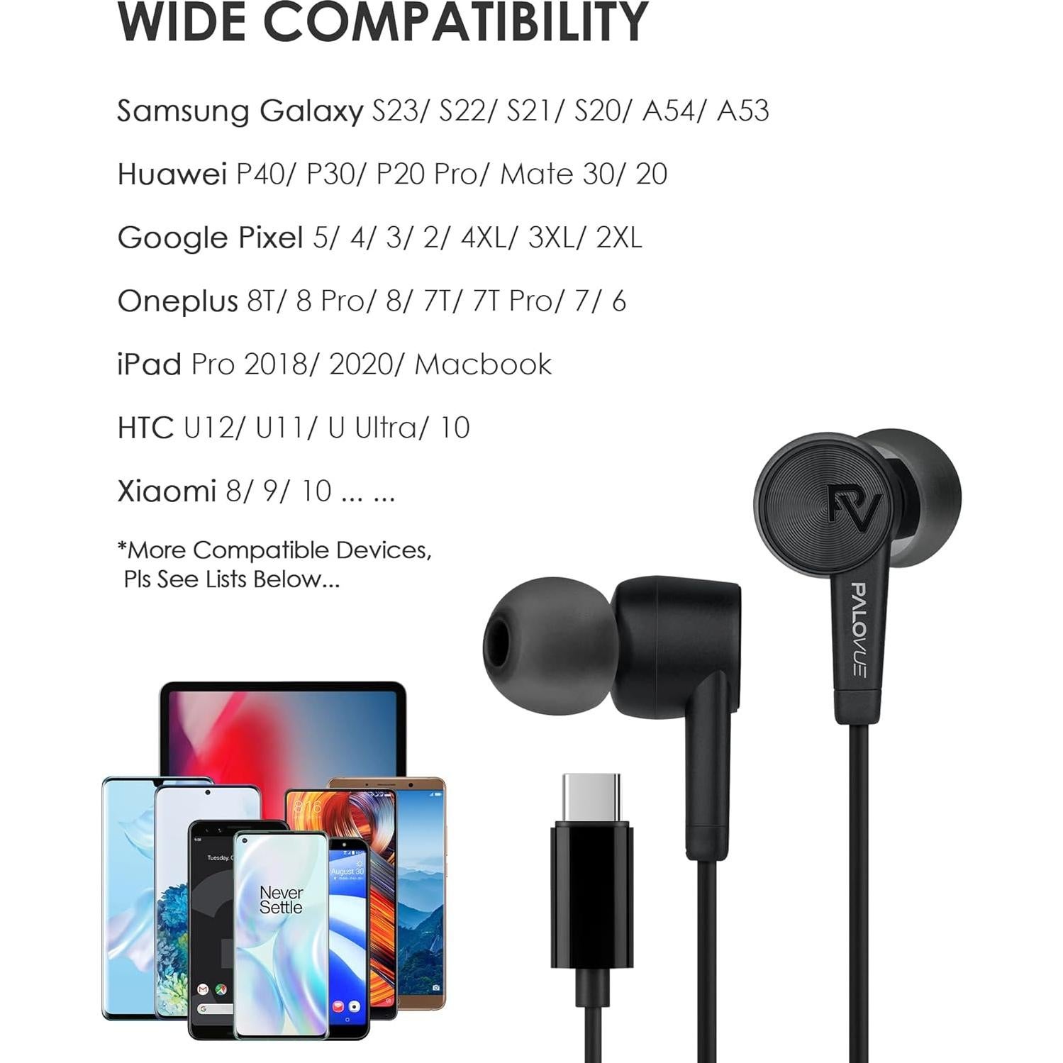 USB Type C Headphones in Ear Earphones Earbuds with Mic and Volume Control Compatible for Google Pixel Samsung Oneplus Huawei Sony MacBook SoundFlow