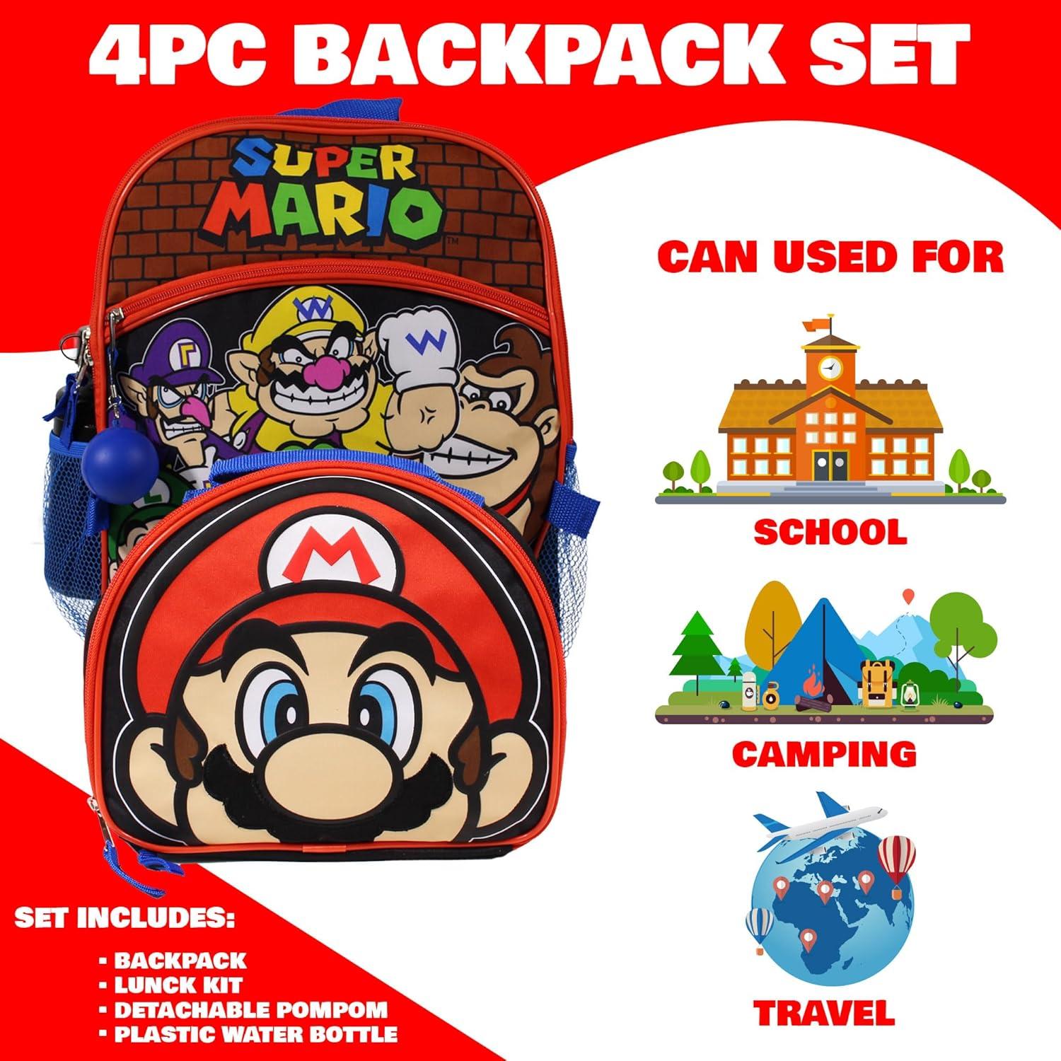 Conjunto Mochila Escolar Super Mario Bros. 4 Piezas 16"
