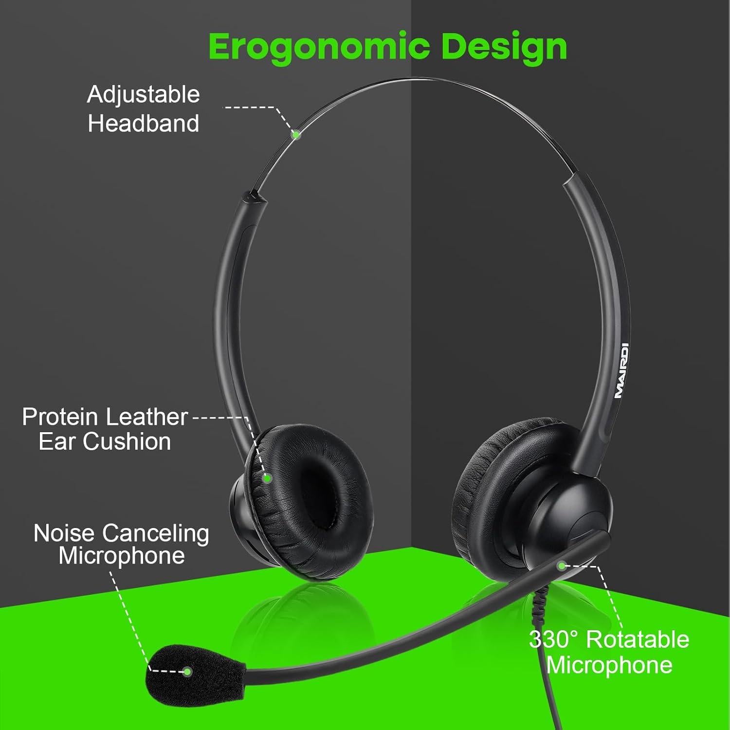 Auricular Teléfono MAIRDI Binaural con Micrófono RJ9 y 3.5mm