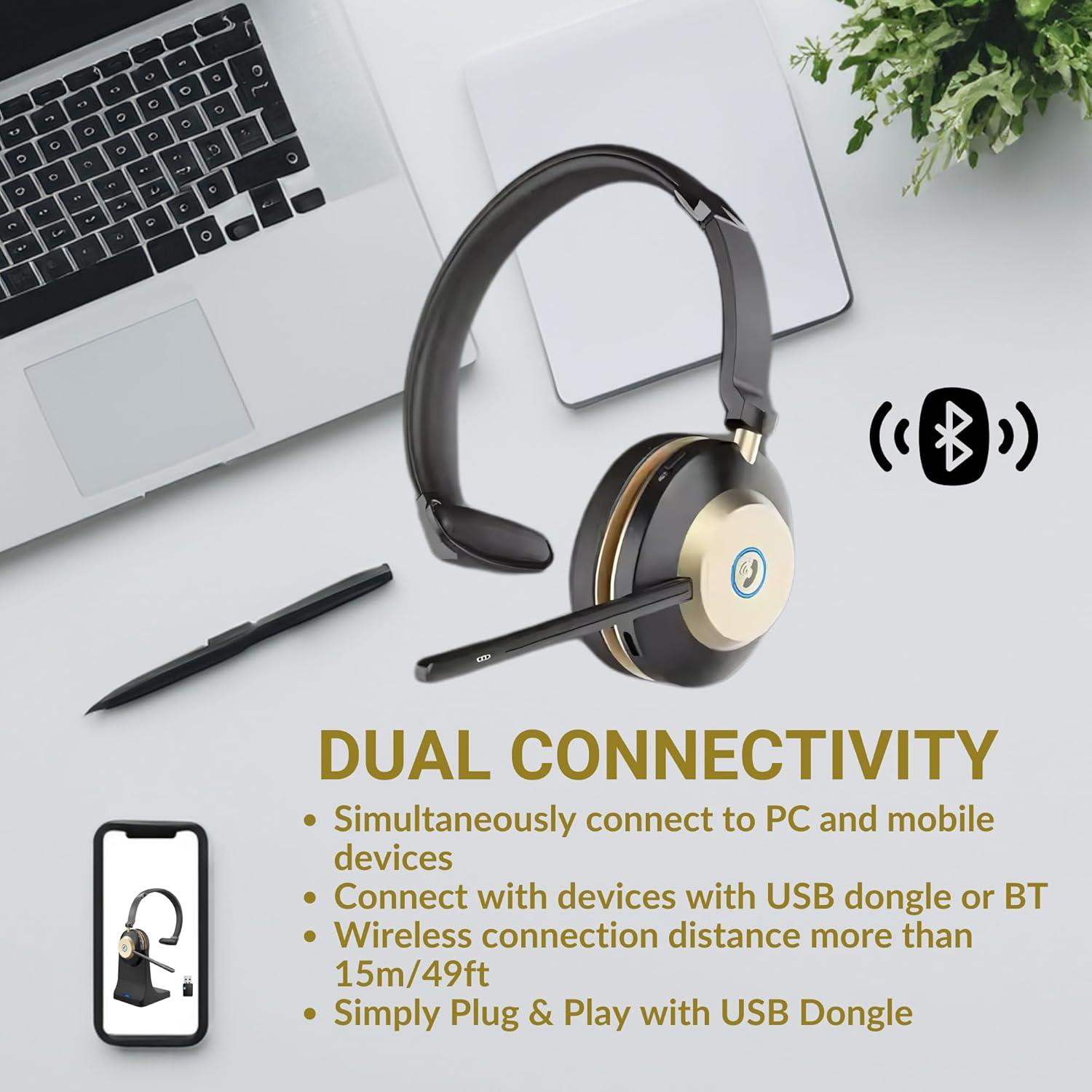 Wireless Headset with Mic, Noise Cancelling Headphones for Work/Trucker Bluetooth Headset V5.3 / Best Headsets to Work from Home/Office/Computer/Phone/Zoom, Call Center. Auto Switch BTW 2 Devices.