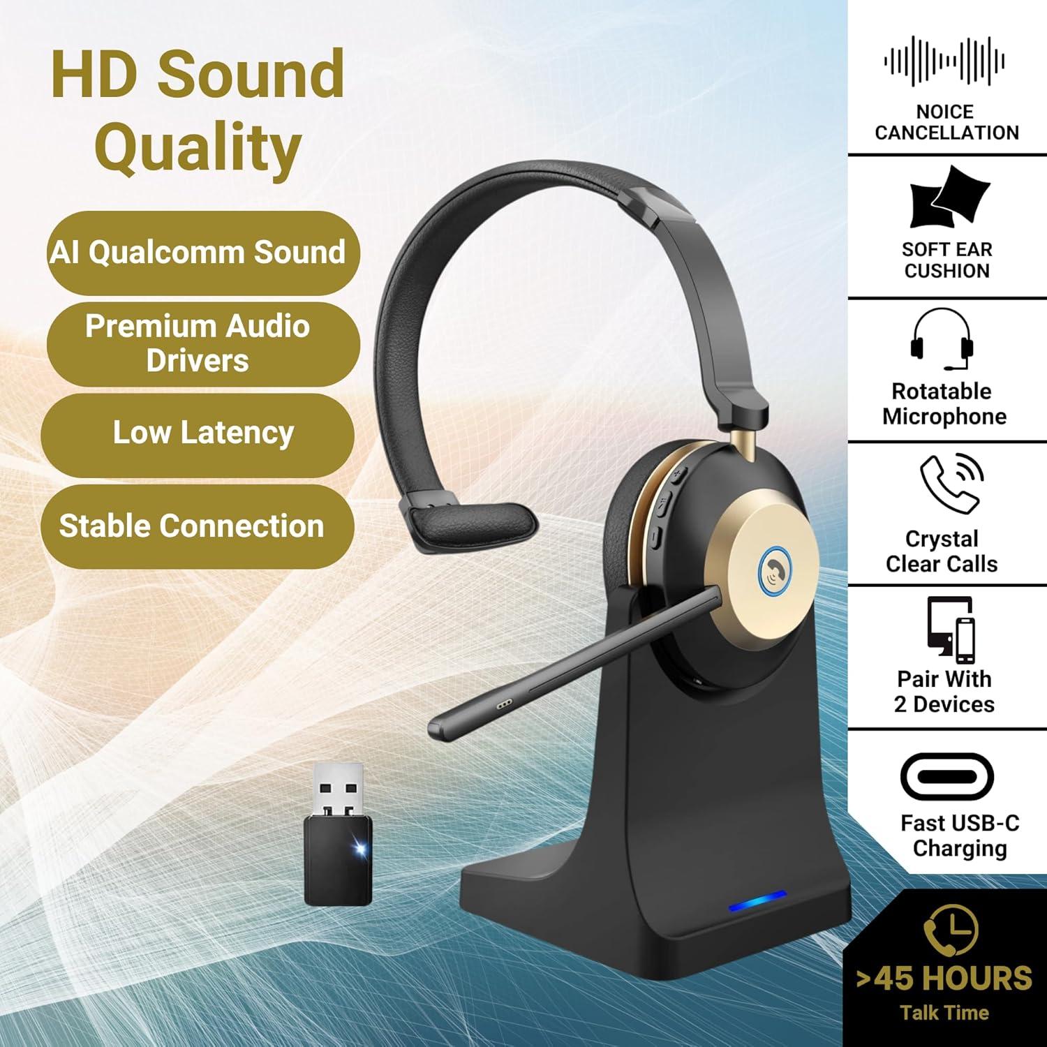Wireless Headset with Mic, Noise Cancelling Headphones for Work/Trucker Bluetooth Headset V5.3 / Best Headsets to Work from Home/Office/Computer/Phone/Zoom, Call Center. Auto Switch BTW 2 Devices.
