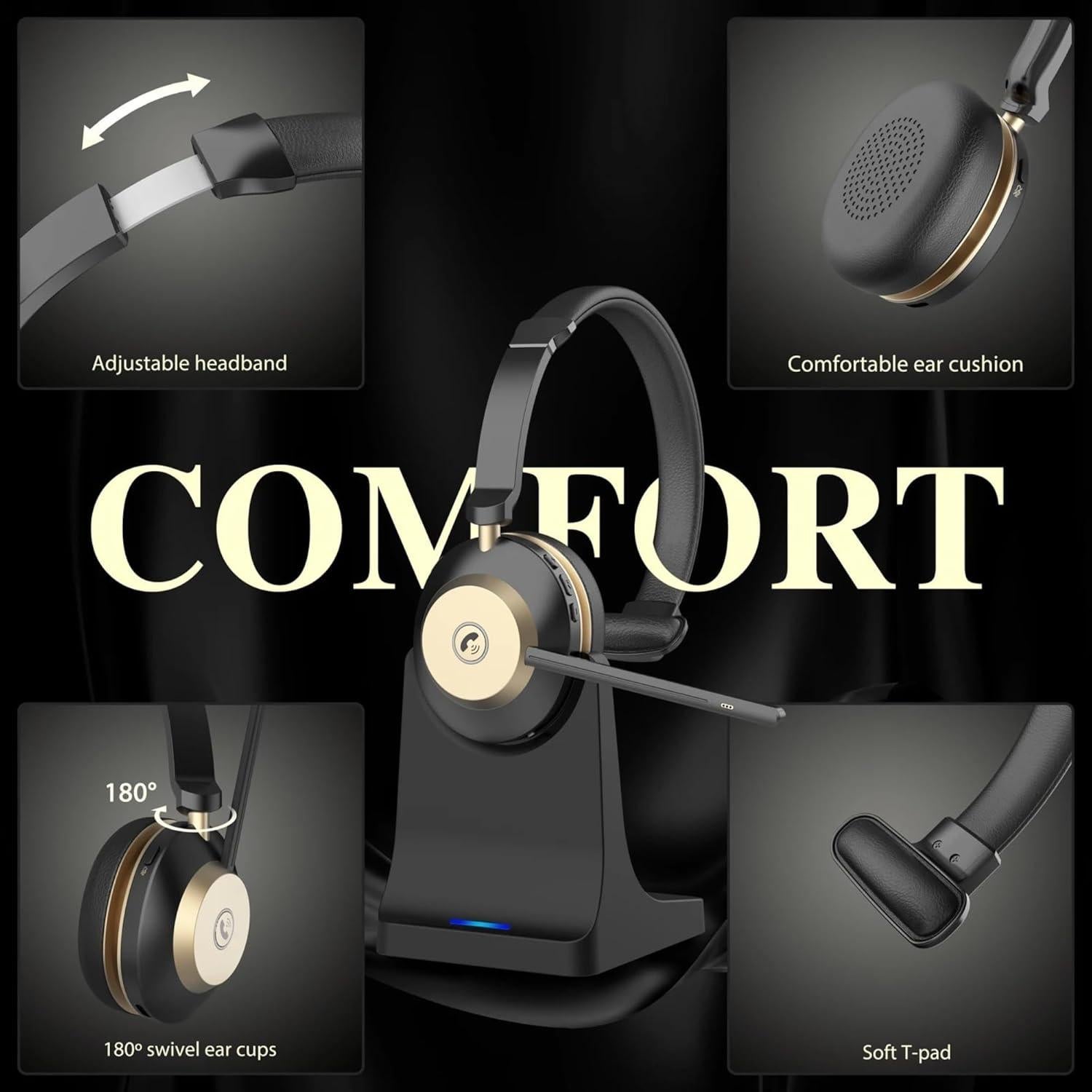 Wireless Headset with Mic, Noise Cancelling Headphones for Work/Trucker Bluetooth Headset V5.3 / Best Headsets to Work from Home/Office/Computer/Phone/Zoom, Call Center. Auto Switch BTW 2 Devices.