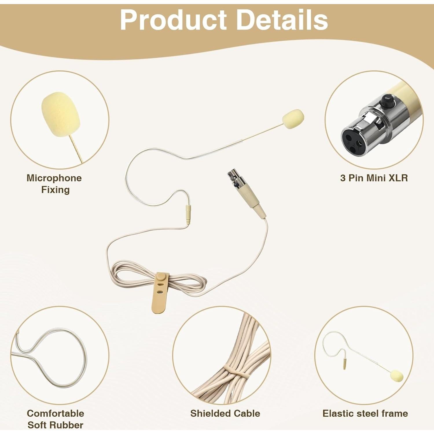 Headset Microphone Single Over Ear Earset Over Ear Headworn Mic for AKG Samson Wireless TA3F 3pin Mini XL Ideal for Singing,Churches,Stage Performance,Beige