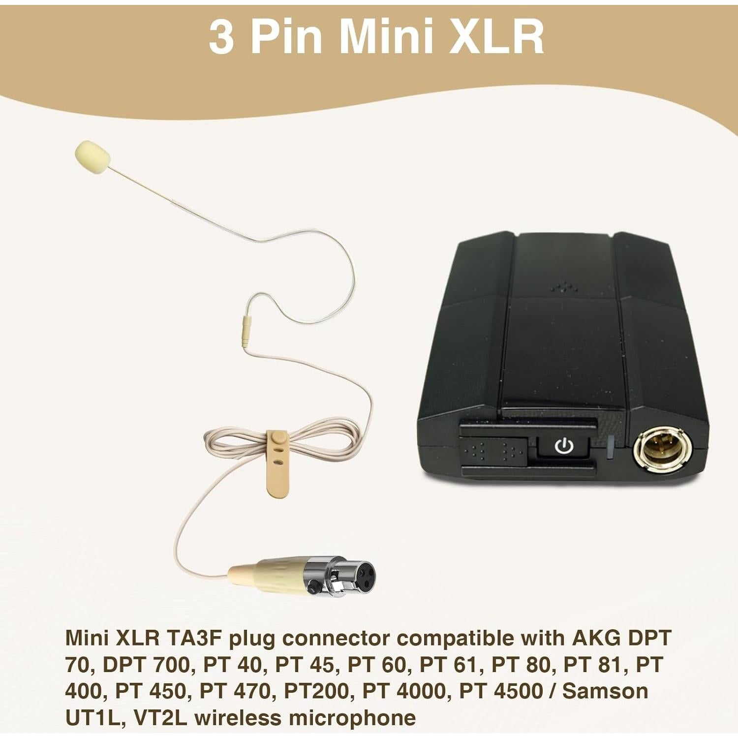 Headset Microphone Single Over Ear Earset Over Ear Headworn Mic for AKG Samson Wireless TA3F 3pin Mini XL Ideal for Singing,Churches,Stage Performance,Beige