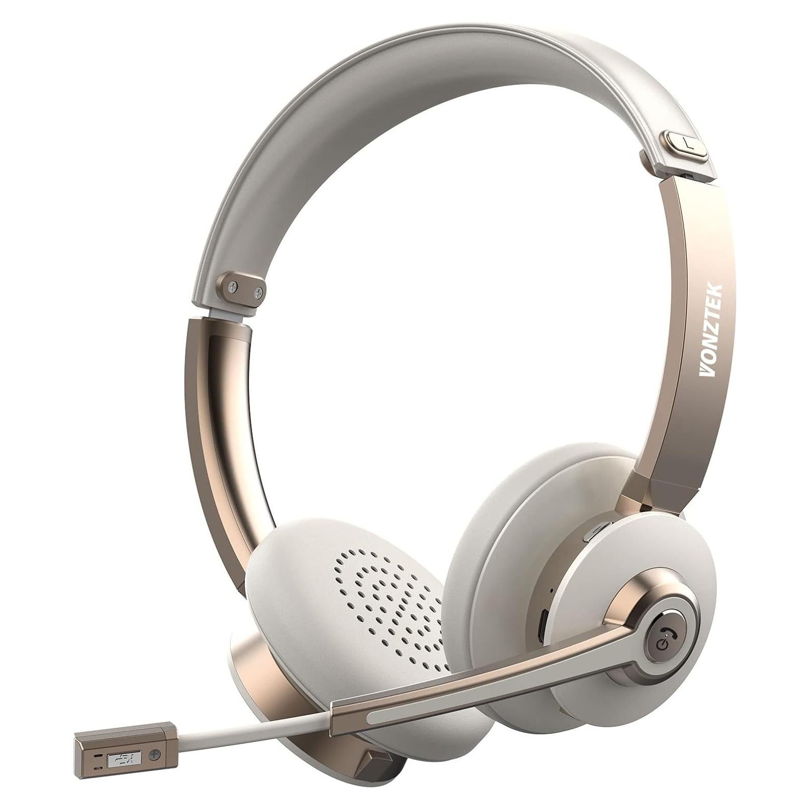 Bluetooth Headset with Microphone, Wireless Headphones with Noise Cancelling Mic, 26hrs talktime, On Ear Headphones with Mic Mute for Mac/Laptop/Zoom/Teams/Call Center/Office/Home Gold