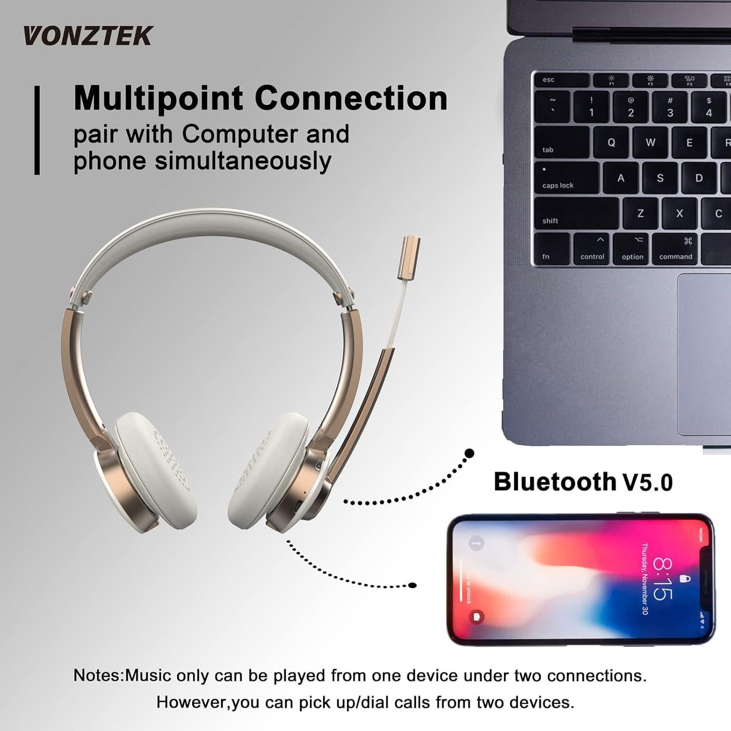 Bluetooth Headset with Microphone, Wireless Headphones with Noise Cancelling Mic, 26hrs talktime, On Ear Headphones with Mic Mute for Mac/Laptop/Zoom/Teams/Call Center/Office/Home Gold