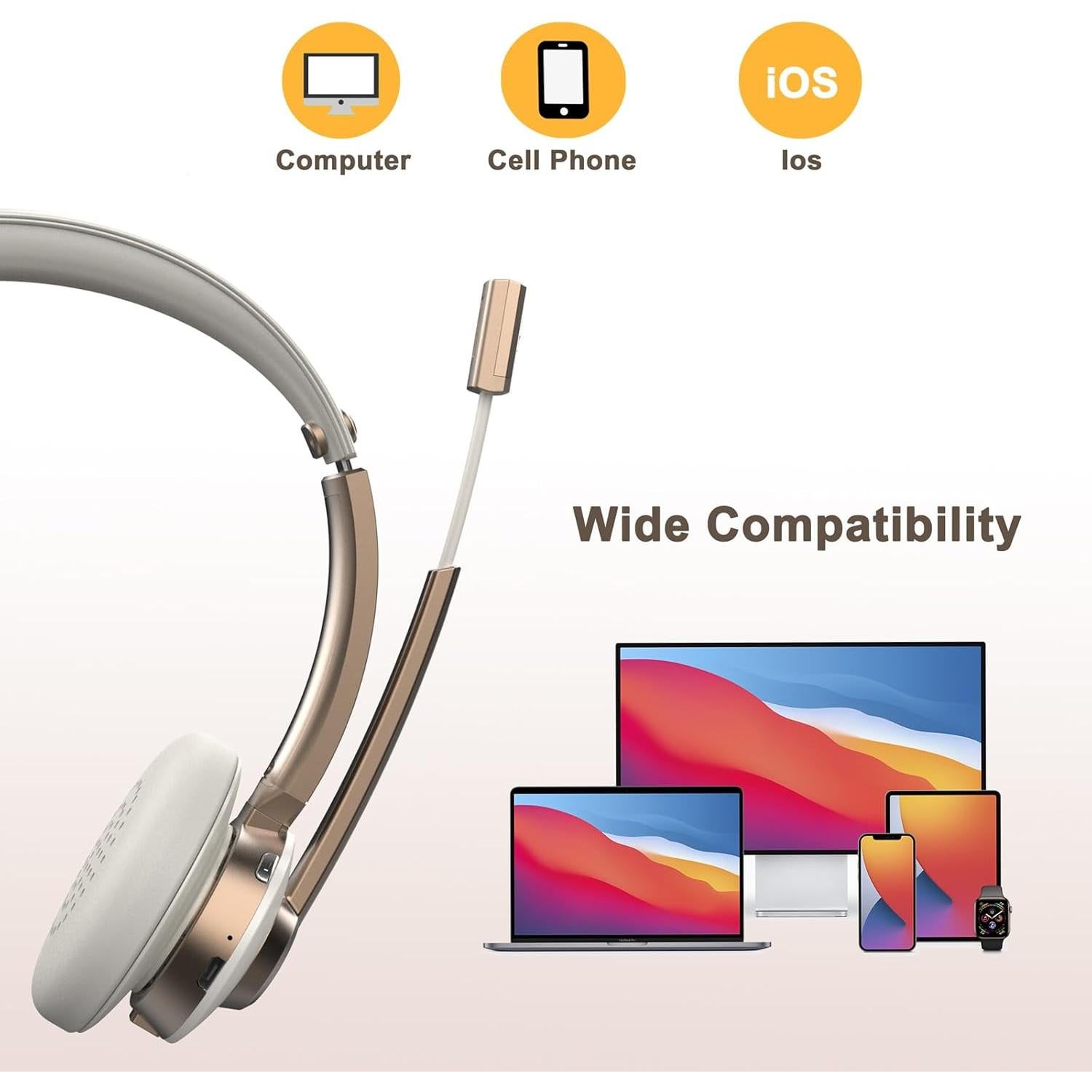 Bluetooth Headset with Microphone, Wireless Headphones with Noise Cancelling Mic, 26hrs talktime, On Ear Headphones with Mic Mute for Mac/Laptop/Zoom/Teams/Call Center/Office/Home Gold