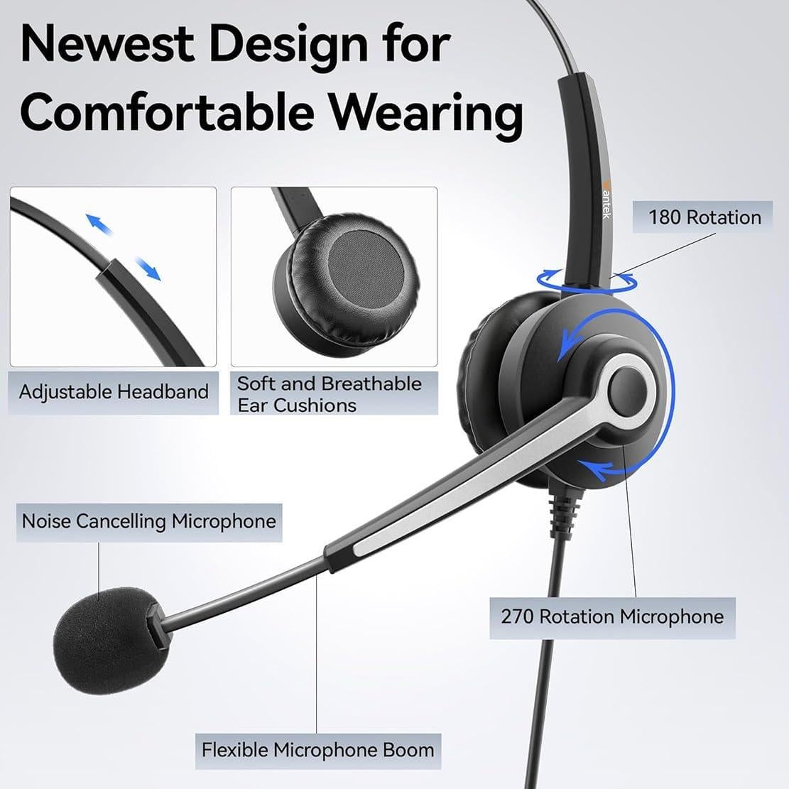 Headset with Microphone for PC Wired Headphones 3.5mm Headsets with Noise-Cancelling Microphone for Laptop - Computer Headphones with Mic in-line Control for Home WANTEK682-3.5