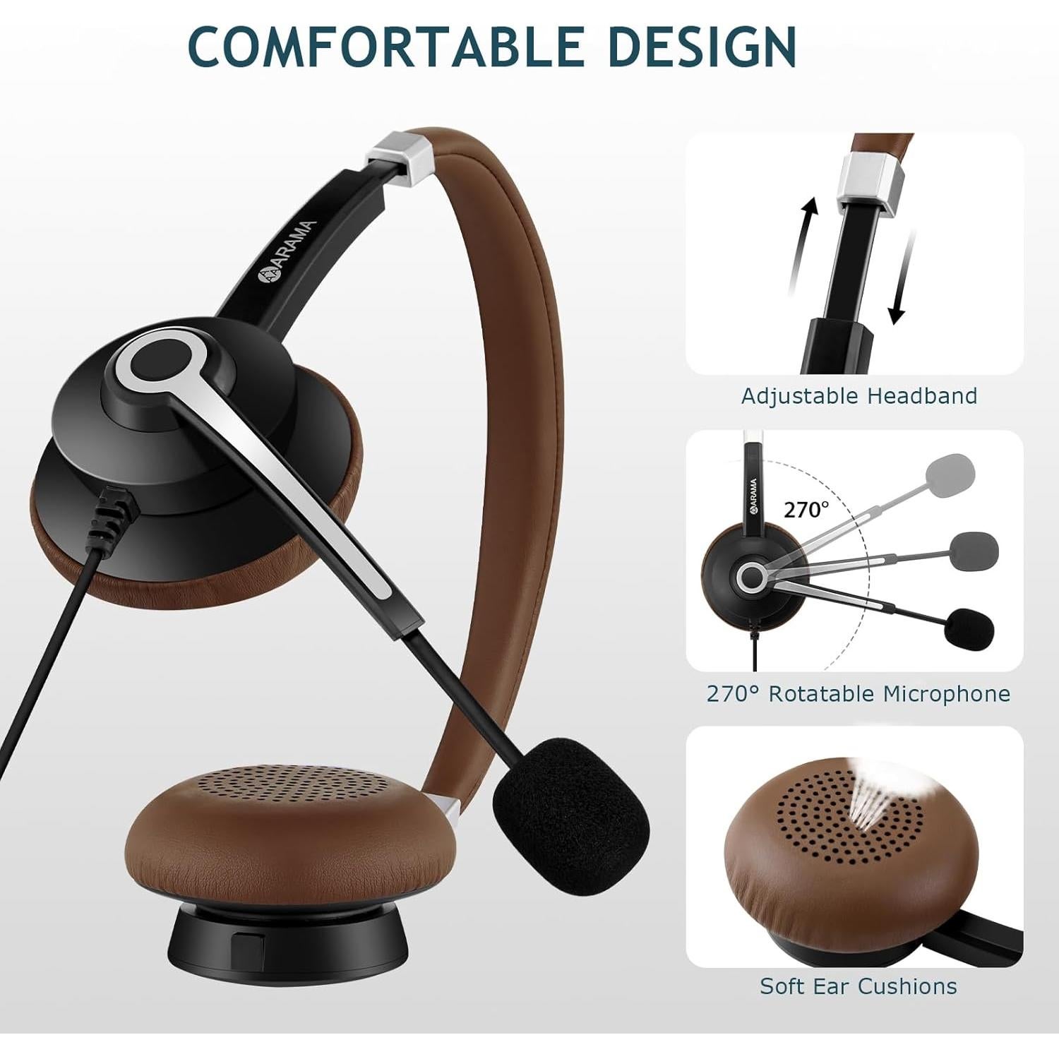 Arama USB Headset with Microphone for PC Laptop, On-Ear Computer Headphones with Noise Cancelling Mic, Wired Headset with in-line Control for Home Office Online Class Skype Zoom