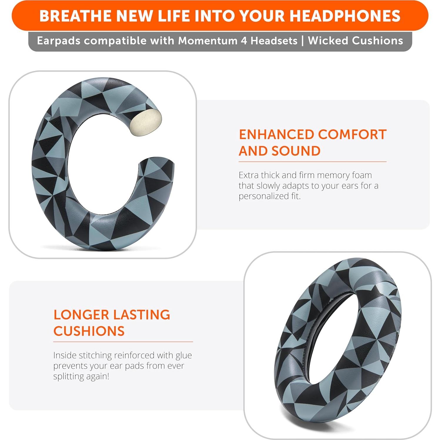 WC PadZ Momentum 4 - Upgraded Replacement Earpads for Sennheiser Momentum 4 by Wicked Cushions | Enhanced Comfort & Sound Isolation | Geo Grey