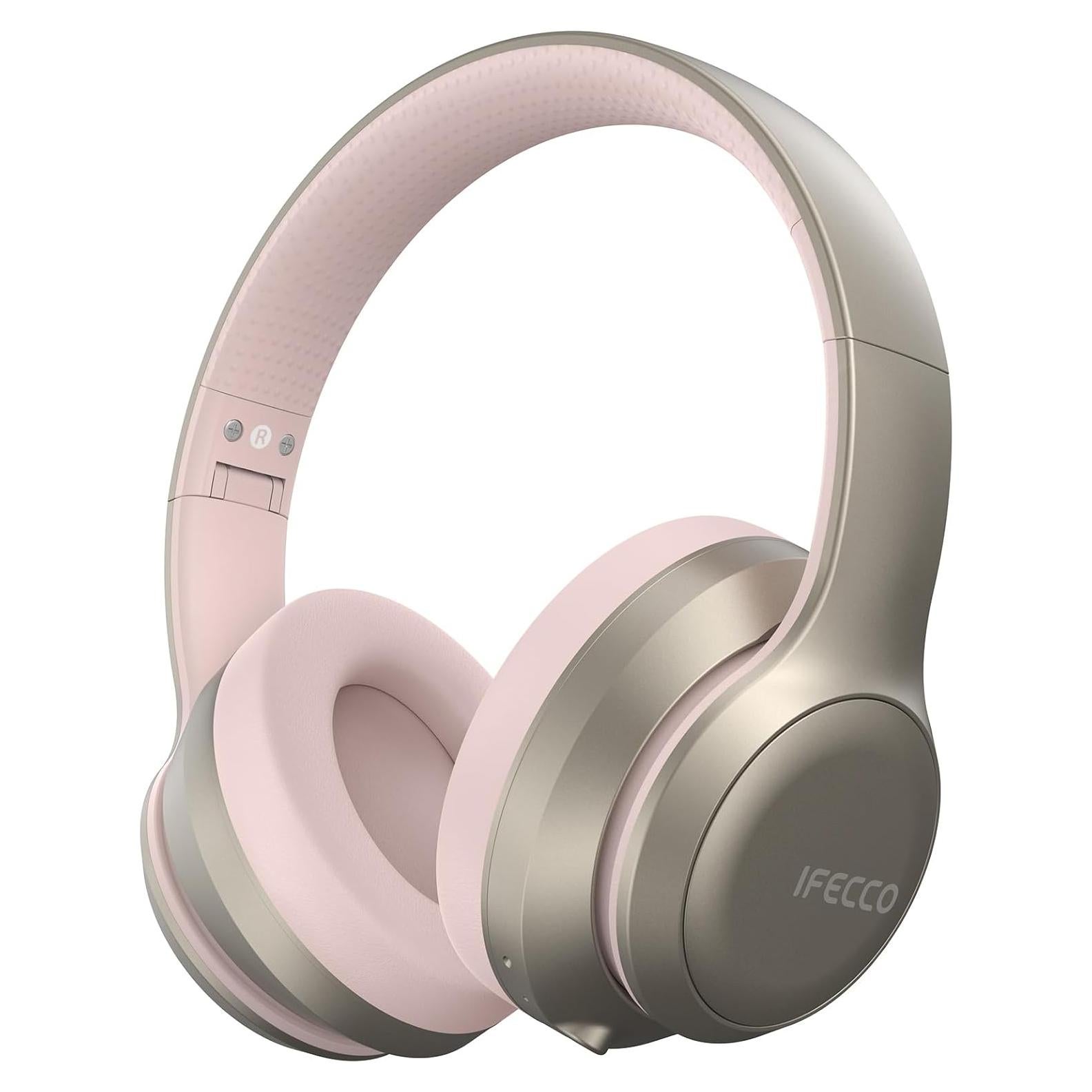 IFECCO Bluetooth Headphones Over Ear,Wireless Noise Canceling Headphones with Microphone,Foldable HiFi Stereo Bluetooth Headset with Soft Protein Earpads for Travel,Home,Office (Pink)