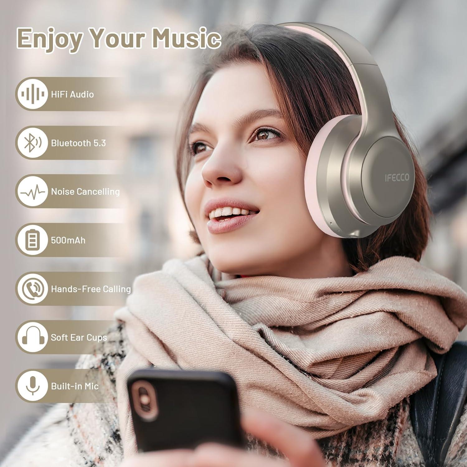 IFECCO Bluetooth Headphones Over Ear,Wireless Noise Canceling Headphones with Microphone,Foldable HiFi Stereo Bluetooth Headset with Soft Protein Earpads for Travel,Home,Office (Pink)