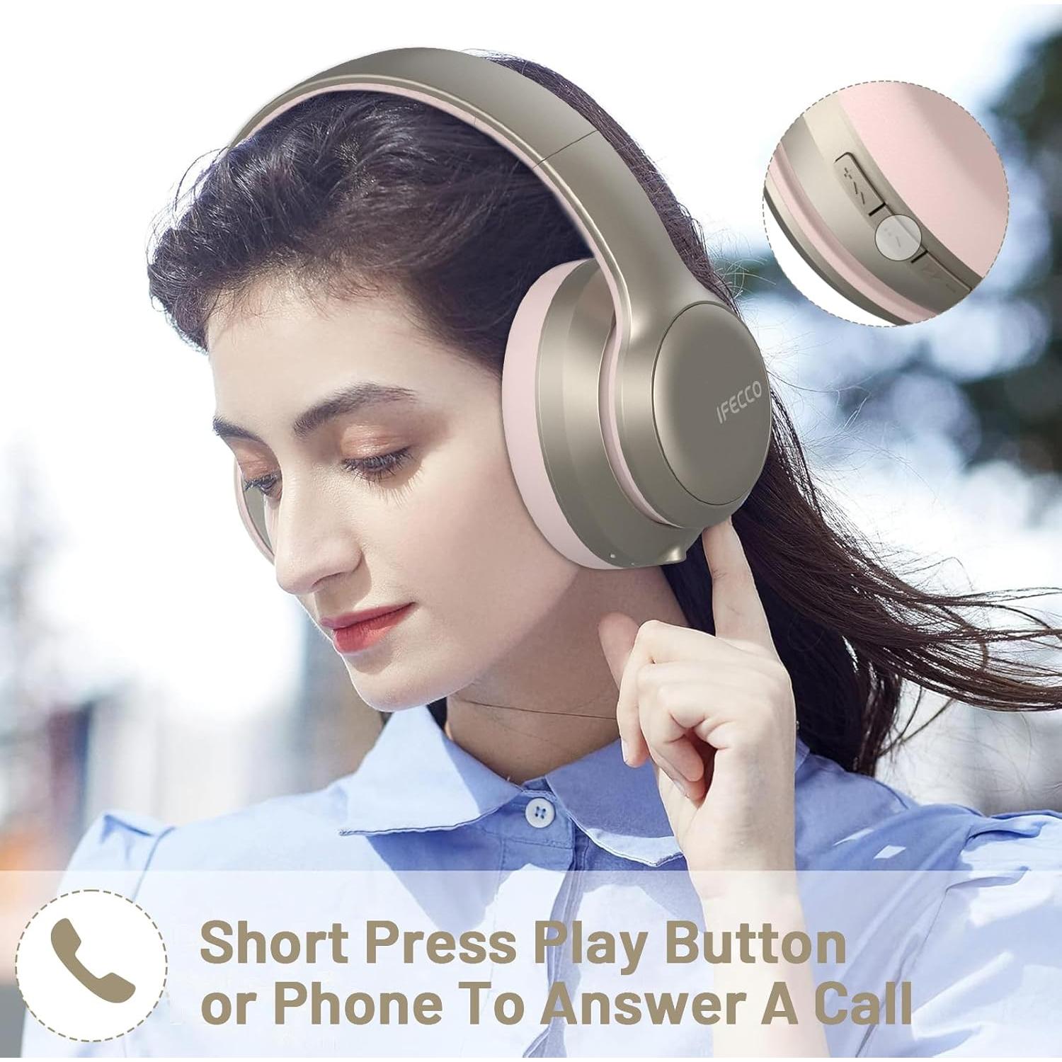 IFECCO Bluetooth Headphones Over Ear,Wireless Noise Canceling Headphones with Microphone,Foldable HiFi Stereo Bluetooth Headset with Soft Protein Earpads for Travel,Home,Office (Pink)