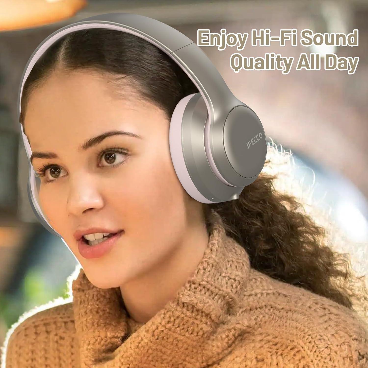 IFECCO Bluetooth Headphones Over Ear,Wireless Noise Canceling Headphones with Microphone,Foldable HiFi Stereo Bluetooth Headset with Soft Protein Earpads for Travel,Home,Office (Pink)