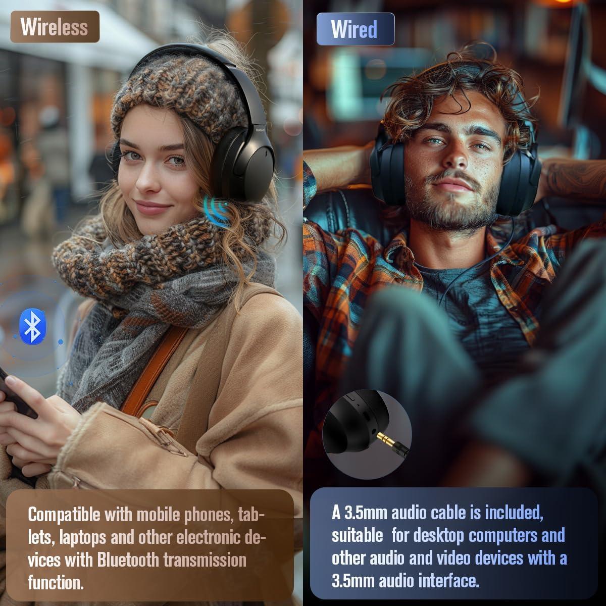 Active Noise Cancelling Bluetooth Over Ear Headphones, Foldable and Rotatable Wireless Wired ANC Headphones with Microphone for Cell Phone,Laptop, 150 Hours Playtime, Bluetooth 5.3v