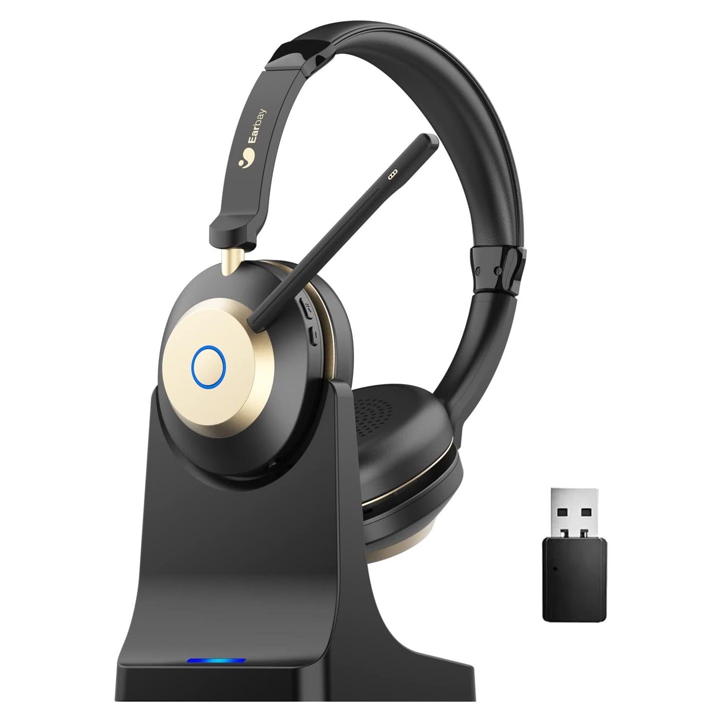 Earbay Bluetooth Headset, Wireless Headset with Microphone for PC, Wireless Headphones with Mic Noise Cancelling/Mute/Charging Dock/USB Dongle, 45hrs Dual Connect Computer Phones Teams Skype Zoom