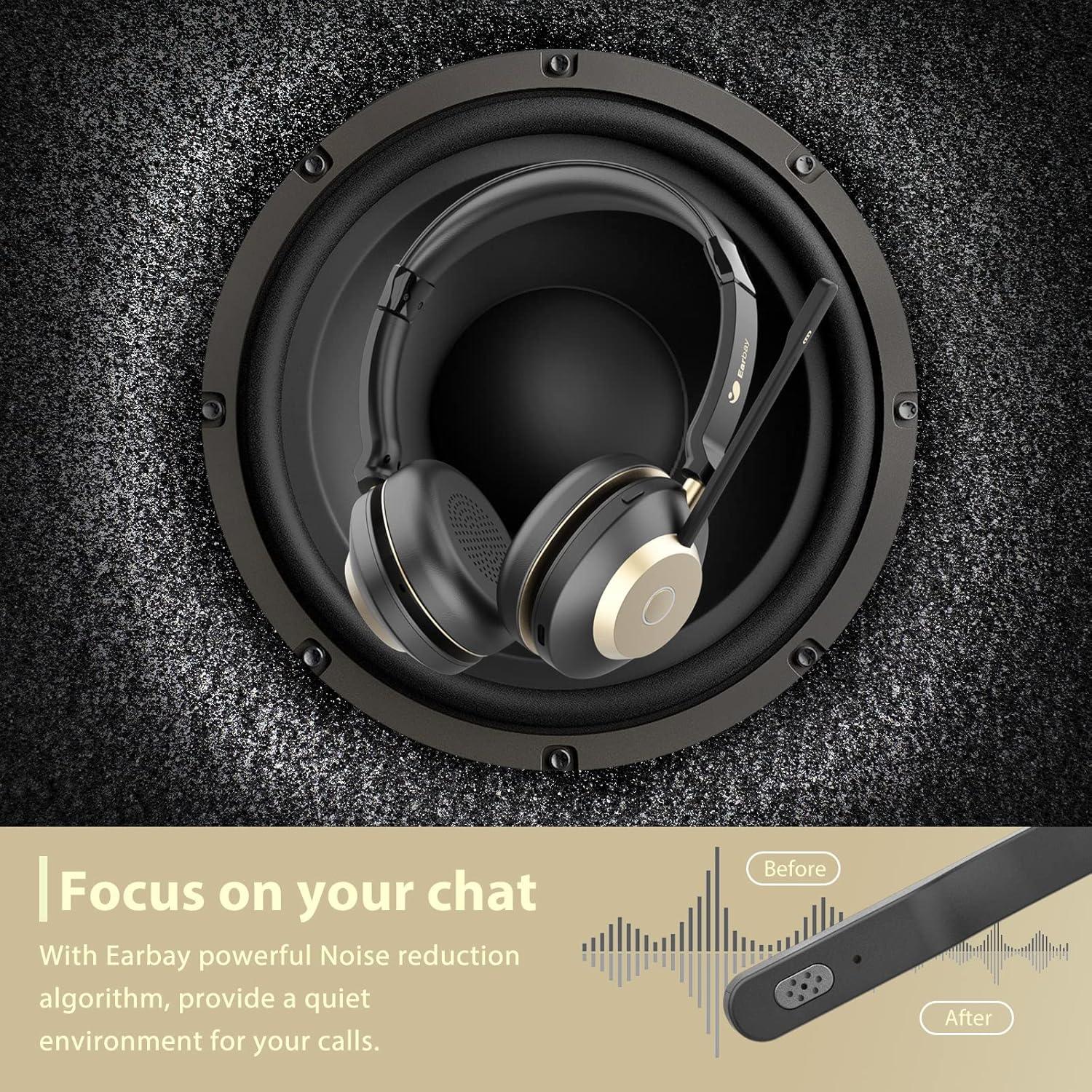 Earbay Bluetooth Headset, Wireless Headset with Microphone for PC, Wireless Headphones with Mic Noise Cancelling/Mute/Charging Dock/USB Dongle, 45hrs Dual Connect Computer Phones Teams Skype Zoom