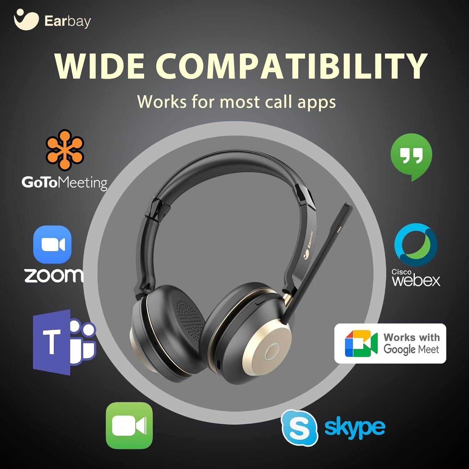 Earbay Bluetooth Headset, Wireless Headset with Microphone for PC, Wireless Headphones with Mic Noise Cancelling/Mute/Charging Dock/USB Dongle, 45hrs Dual Connect Computer Phones Teams Skype Zoom