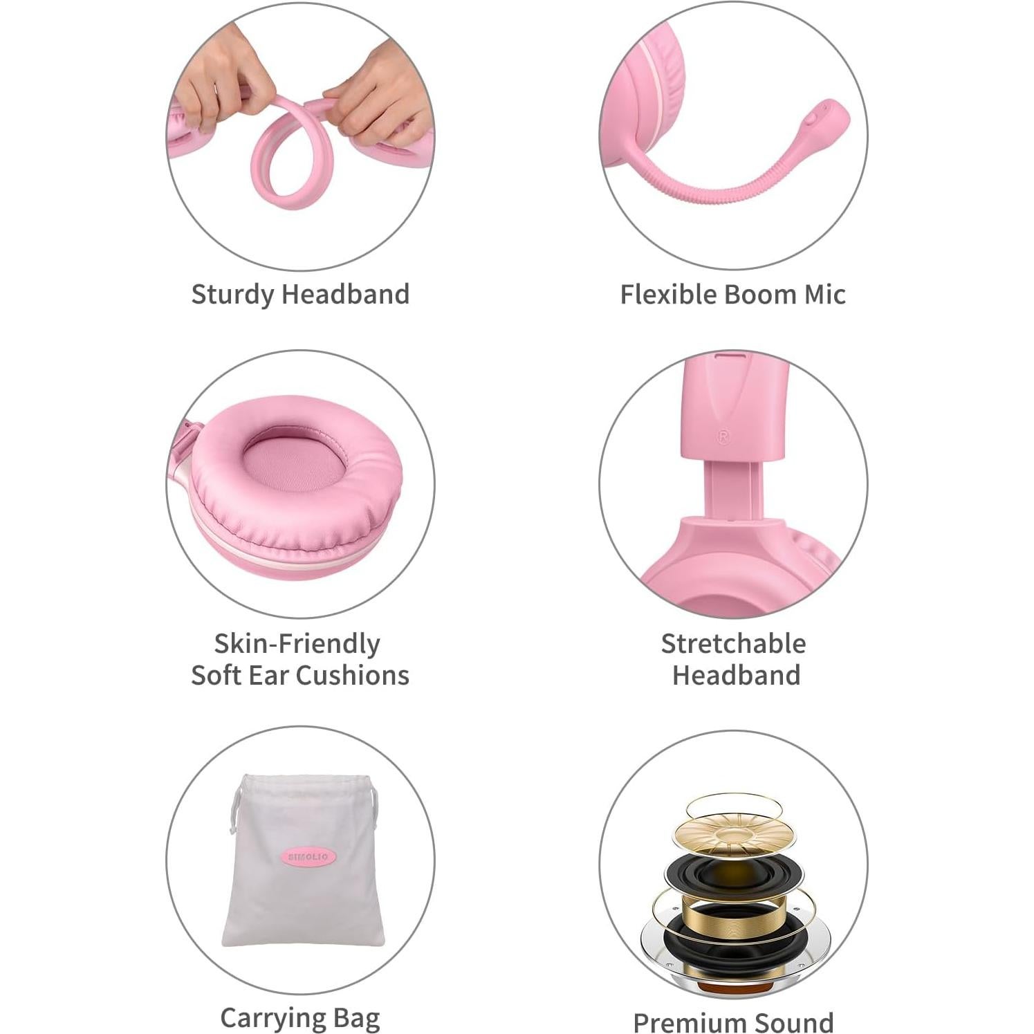 Auriculares SIMOLIO Rosa para Niños con Micrófono 75/85/94 dB