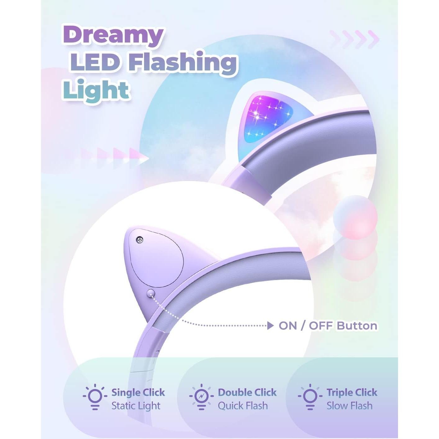 Auriculares para Niños iClever Mewow Púrpura con Luz LED