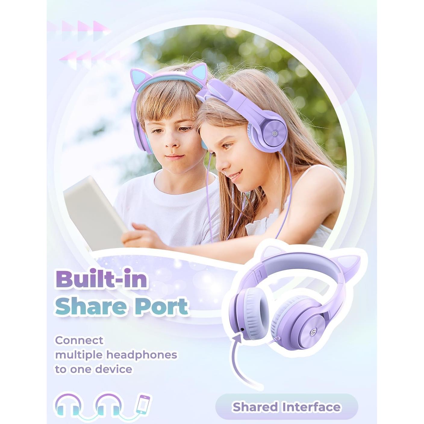 Auriculares para Niños iClever Mewow Púrpura con Luz LED