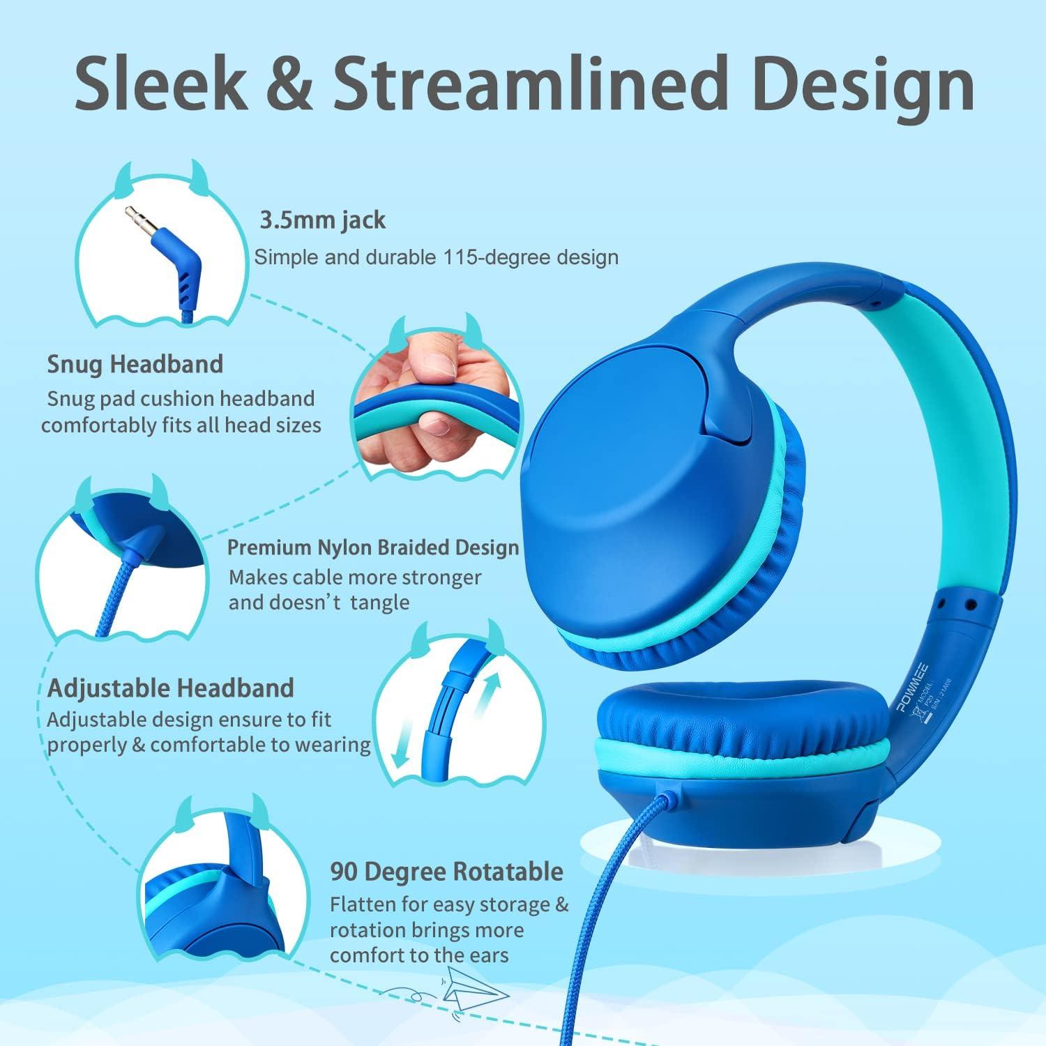 P20 Kids Headphones for School, Kids/Teens/Boys/Girls with Safe 94dB Volume Limited, 3.5mm Jack Wired Cord Over-Ear for Fire Tablets/Travel/PC/Phones(Blue)