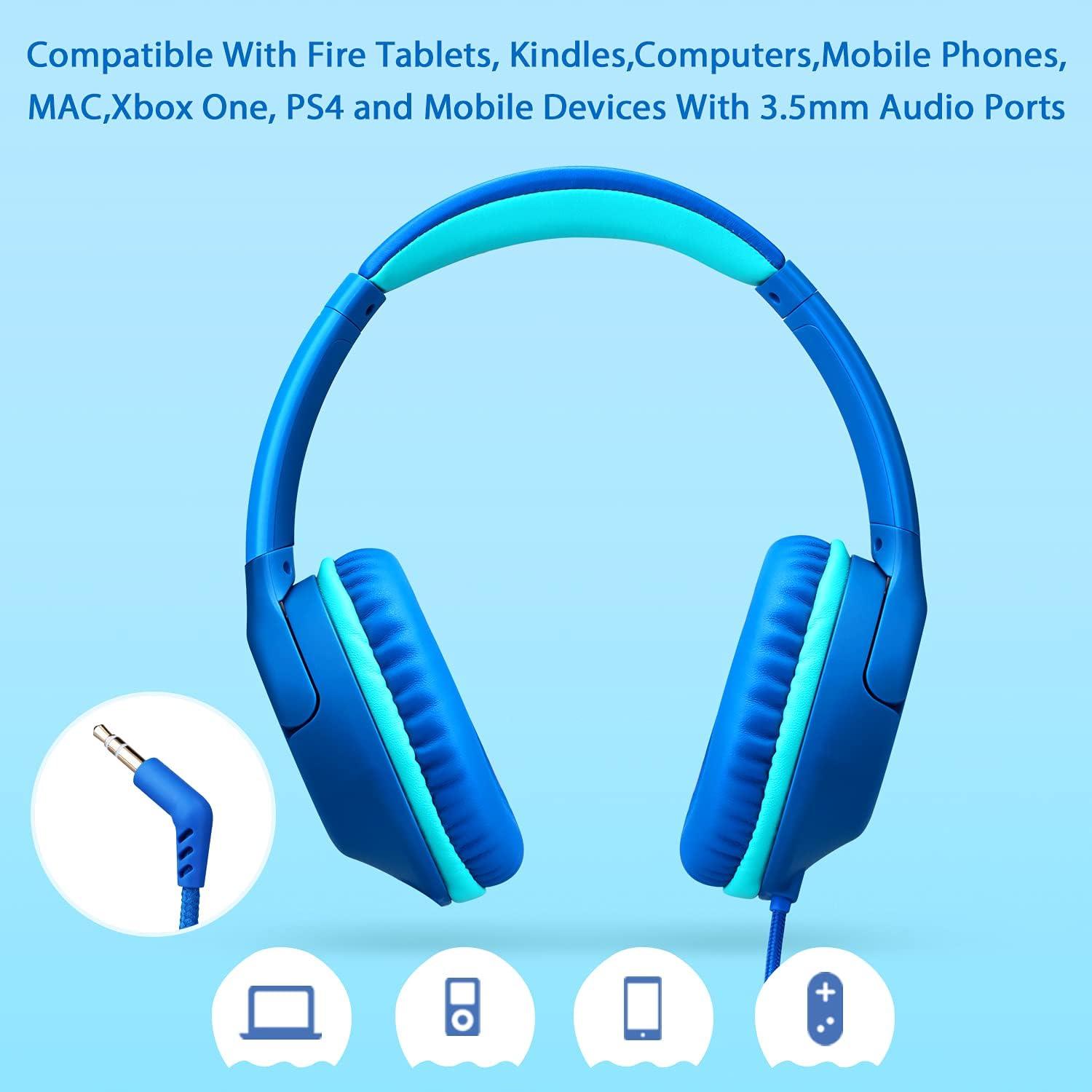 P20 Kids Headphones for School, Kids/Teens/Boys/Girls with Safe 94dB Volume Limited, 3.5mm Jack Wired Cord Over-Ear for Fire Tablets/Travel/PC/Phones(Blue)