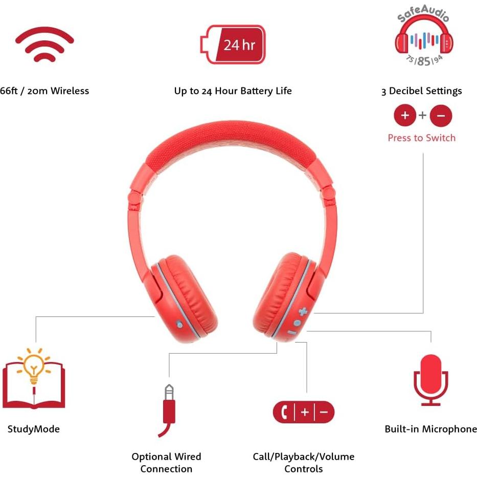 Made for Amazon Bluetooth Kids Headphones Age (3-7) | Red