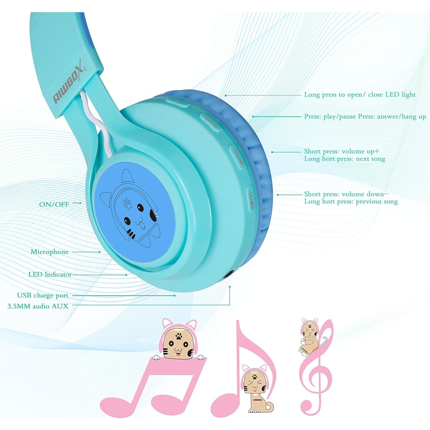 Auriculares Riwbox CT-7S Bluetooth Niños Orejas de Gato LED