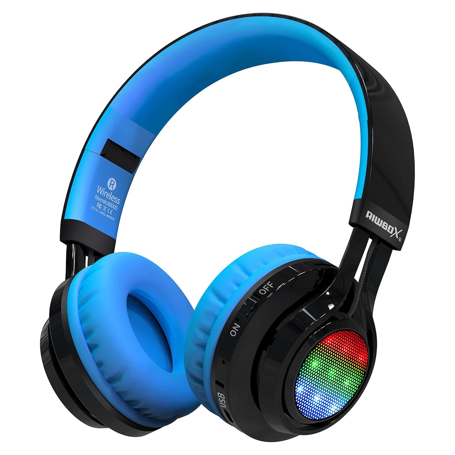 Wireless Headphones for Kids, AB005 Kids Bluetooth Headphones V5.2 with Microphone Foldable Headset with TF Card FM Radio and LED Light Compatible for Phones PC TV (Black&Blue)