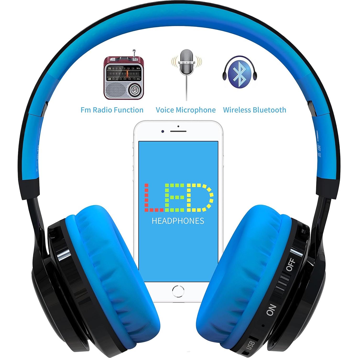 Wireless Headphones for Kids, AB005 Kids Bluetooth Headphones V5.2 with Microphone Foldable Headset with TF Card FM Radio and LED Light Compatible for Phones PC TV (Black&Blue)