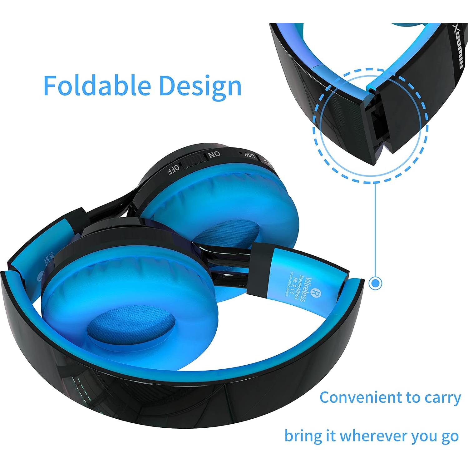 Wireless Headphones for Kids, AB005 Kids Bluetooth Headphones V5.2 with Microphone Foldable Headset with TF Card FM Radio and LED Light Compatible for Phones PC TV (Black&Blue)