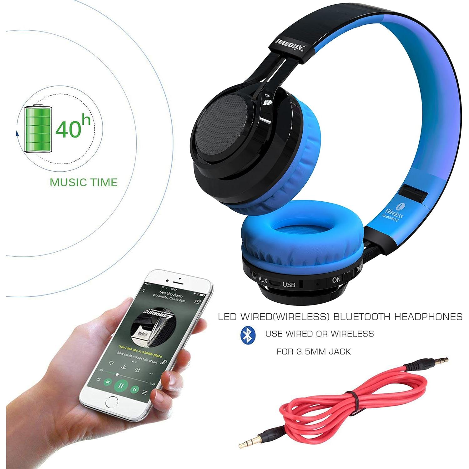 Wireless Headphones for Kids, AB005 Kids Bluetooth Headphones V5.2 with Microphone Foldable Headset with TF Card FM Radio and LED Light Compatible for Phones PC TV (Black&Blue)