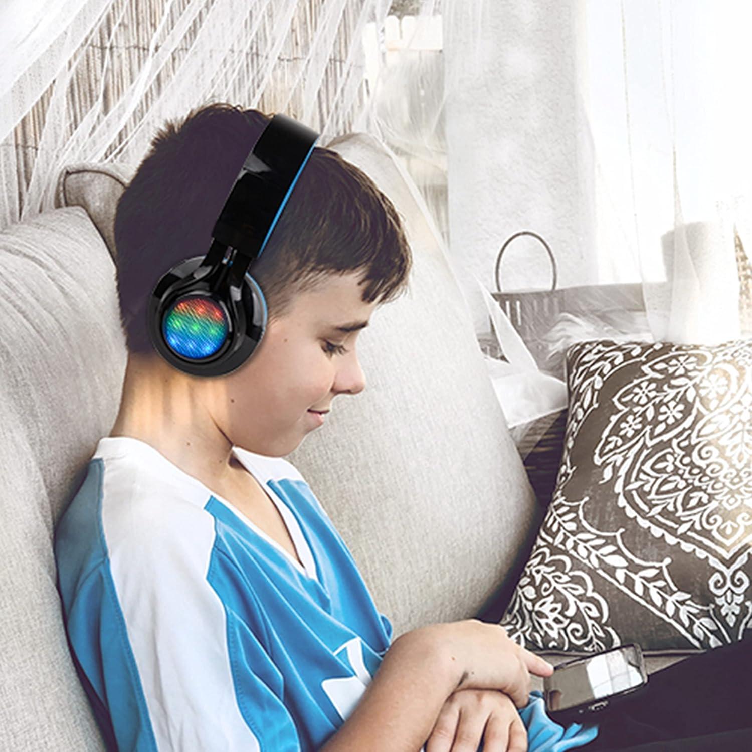 Wireless Headphones for Kids, AB005 Kids Bluetooth Headphones V5.2 with Microphone Foldable Headset with TF Card FM Radio and LED Light Compatible for Phones PC TV (Black&Blue)
