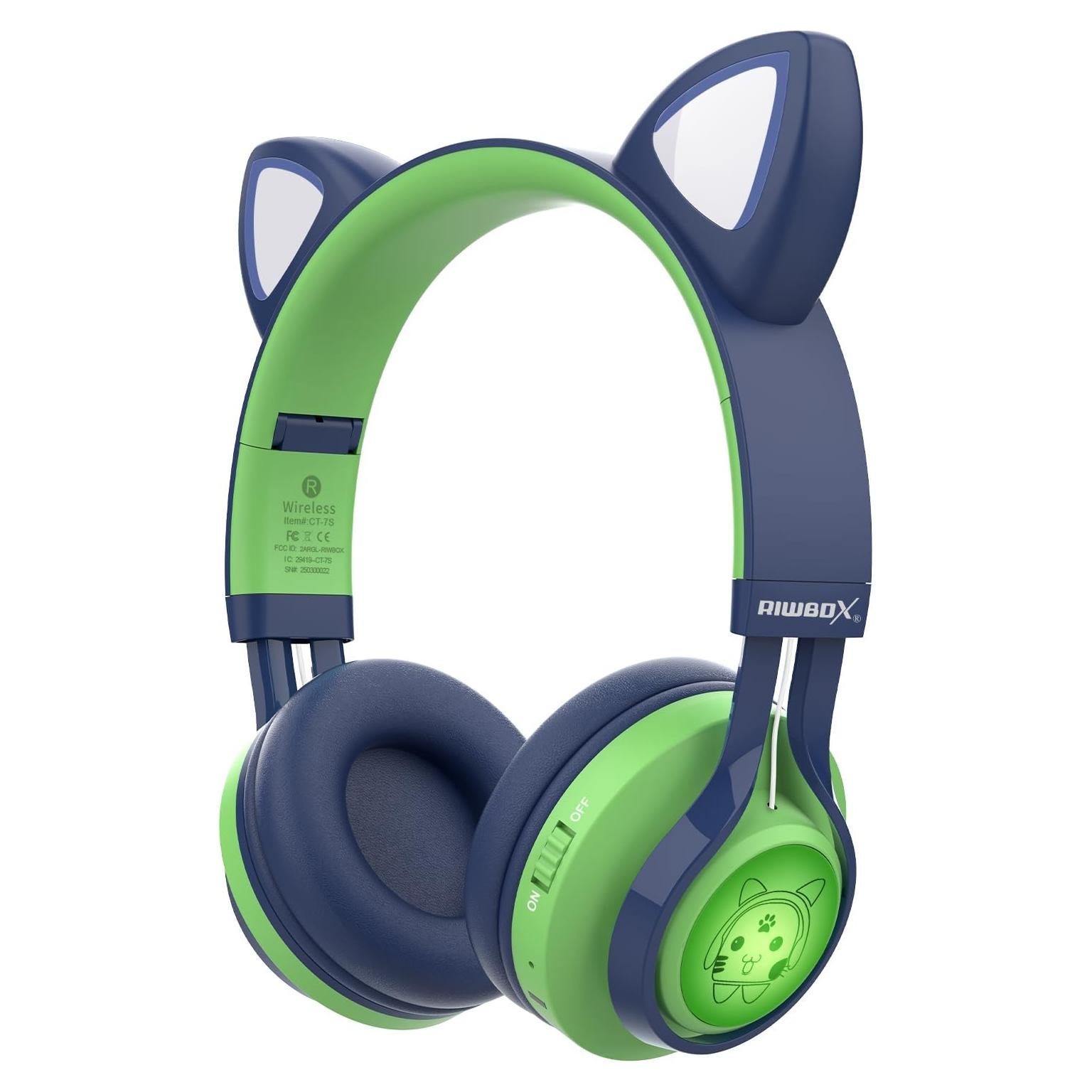 Auriculares Riwbox CT-7S Bluetooth Niños Orejas de Gato Verde y Azul