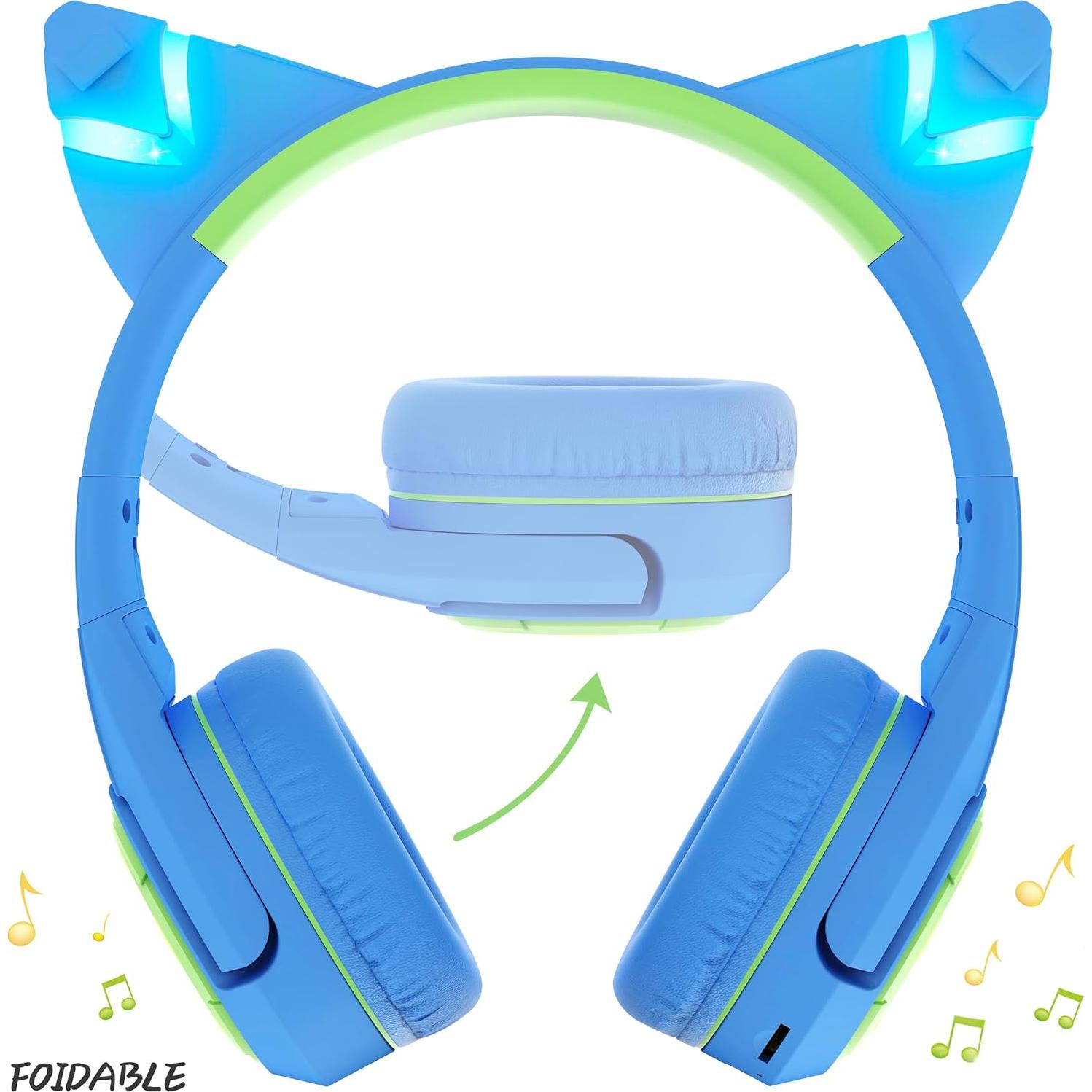 Auriculares Bluetooth Riwbox CF9 Niños Gato Verde Azul 85dB