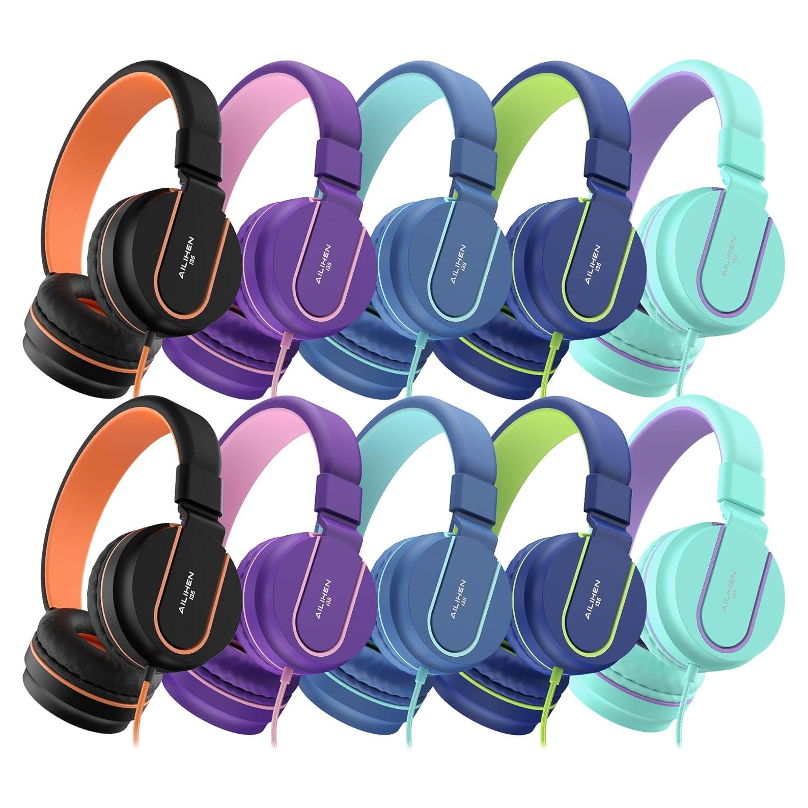 AILIHEN Kids Headphones Bulk 10-Pack for K-12 School Classroom, On-Ear Wired Headset with Microphone for Students Children with 93dB Volume Limited, 3.5mm Jack for Chromebooks Tablets Laptop Computer