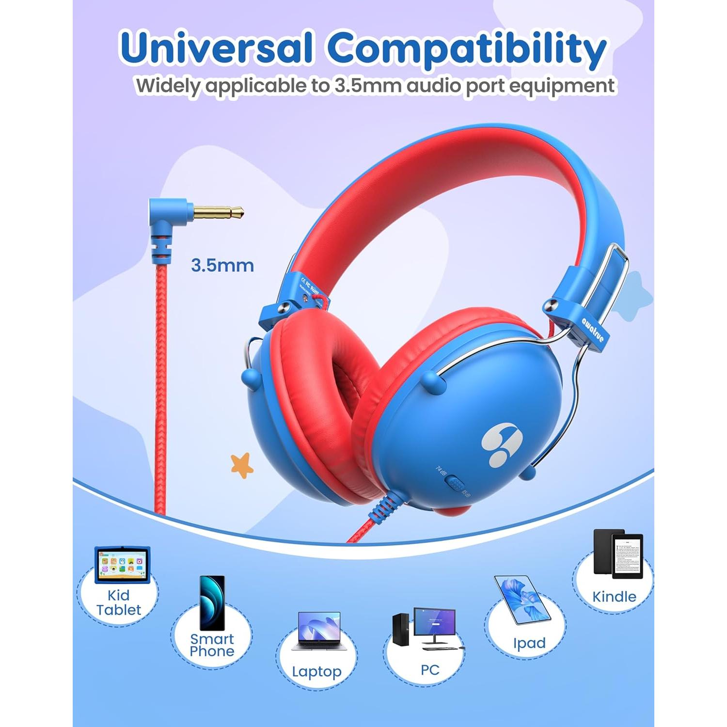 Auriculares para Niños Awatrue HK05 con Cable 3.5mm Azul-Rojo