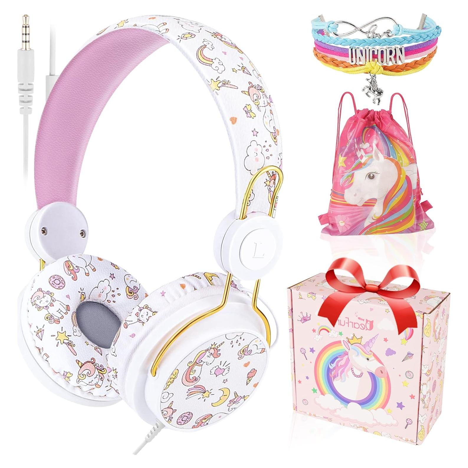 QearFun Unicorn Headphones for Girls Kids for School, Kids Wired Headphones with Microphone & 3.5mm Jack, Teens Toddlers Noise Cancelling Headphone with Adjustable Headband for Tablet/Smartphones