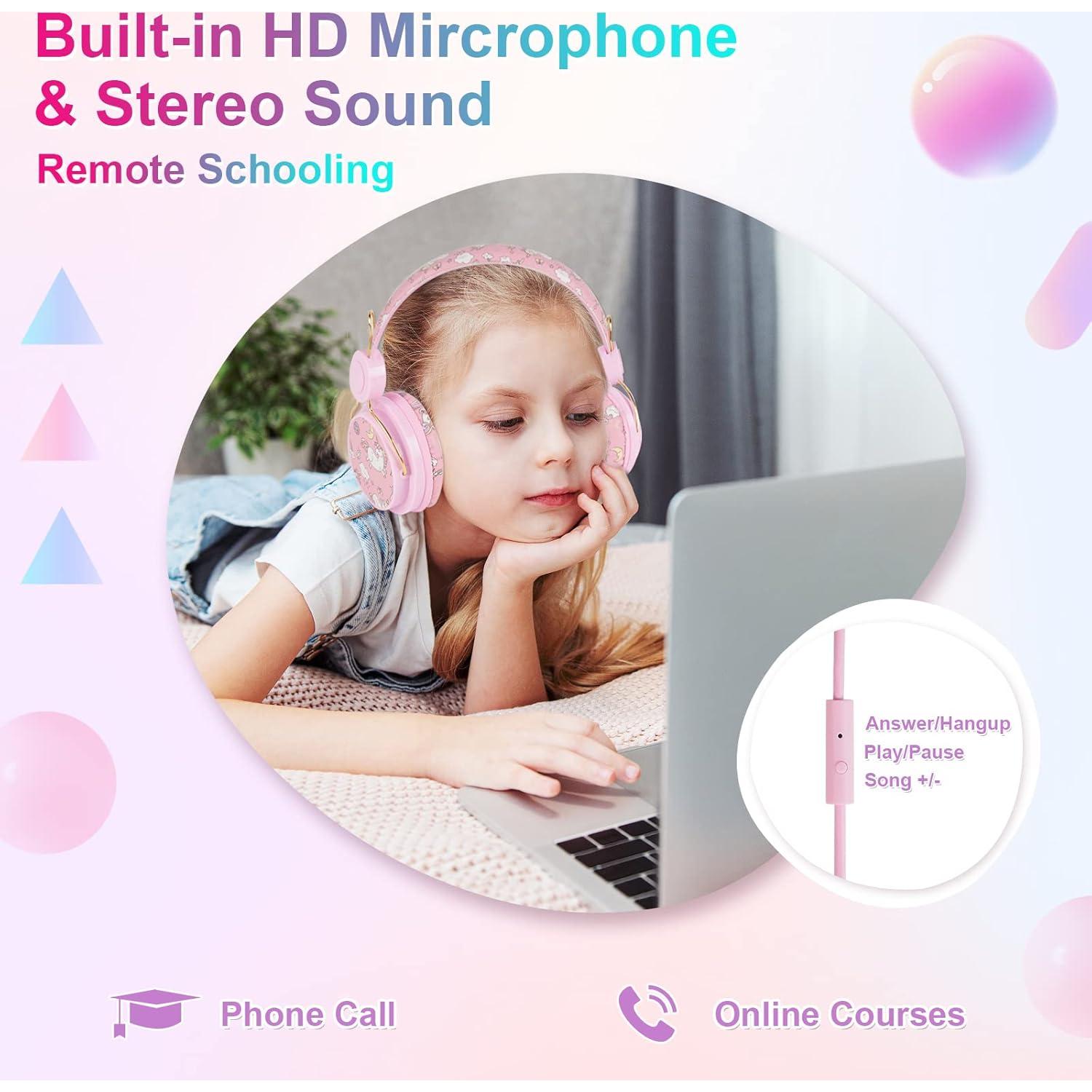 QearFun Unicorn Headphones for Girls Kids for School, Kids Wired Headphones with Microphone & 3.5mm Jack, Teens Toddlers Noise Cancelling Headphone with Adjustable Headband for Tablet/Smartphones
