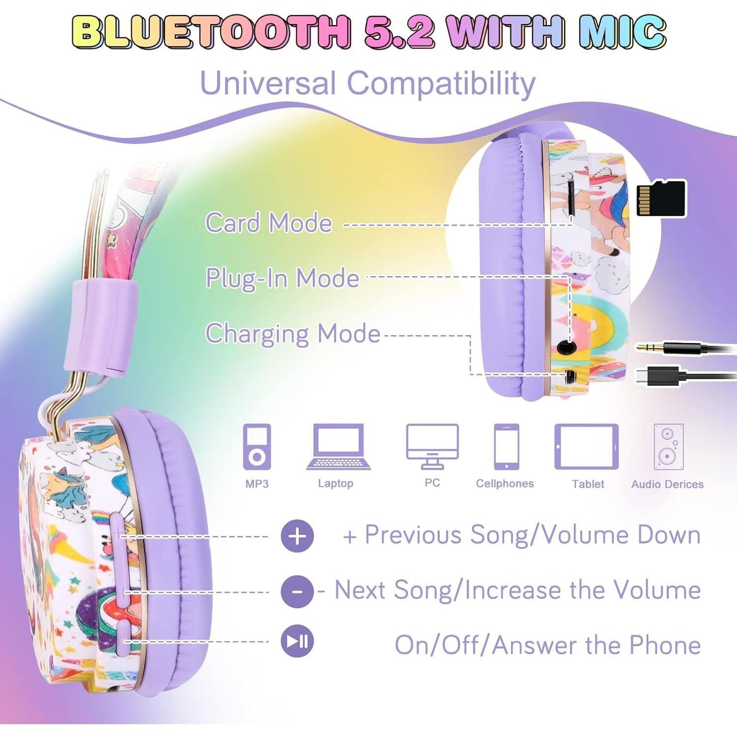 Auriculares Bluetooth QearFun Unicornio Púrpura con Micrófono