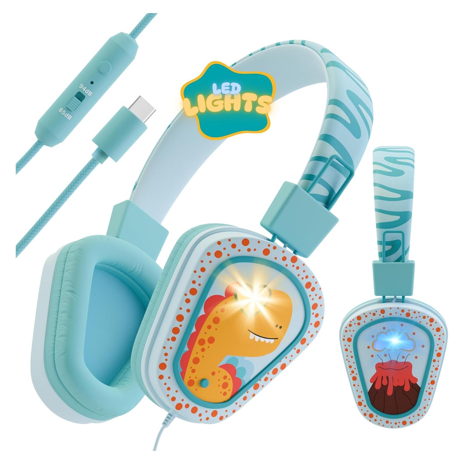 Auriculares Kidrox Dino LED para Niños, USB-C, Volumen Seguro