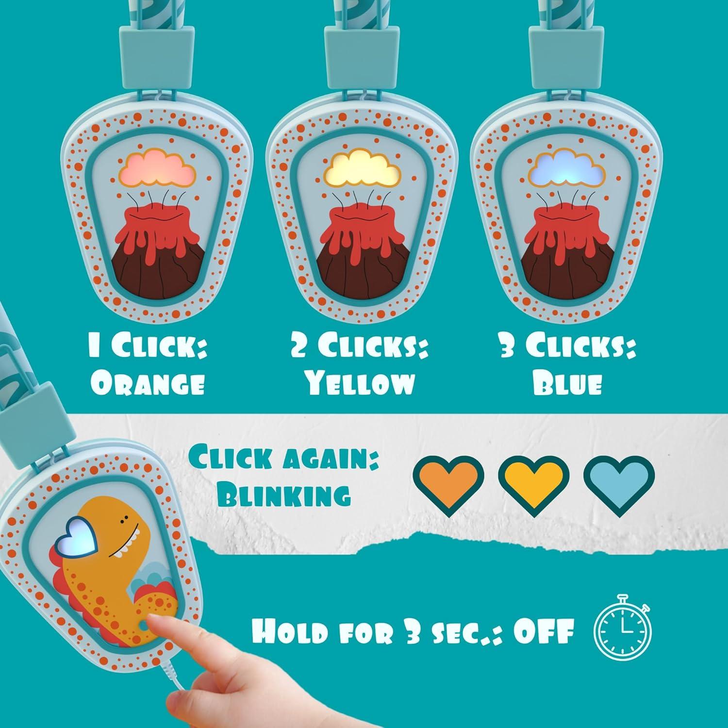 Auriculares Kidrox Dino LED para Niños, USB-C, Volumen Seguro