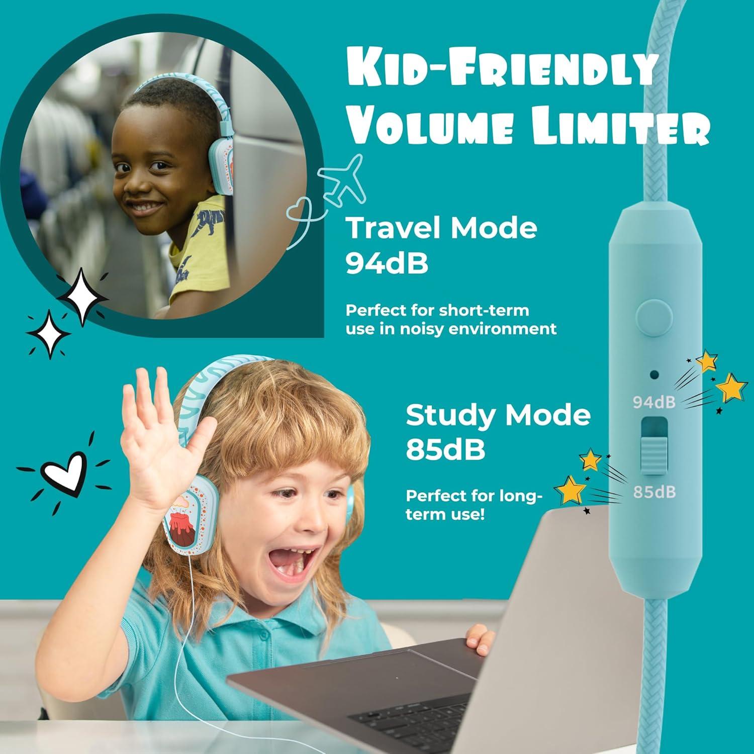 Auriculares Kidrox Dino LED para Niños, USB-C, Volumen Seguro