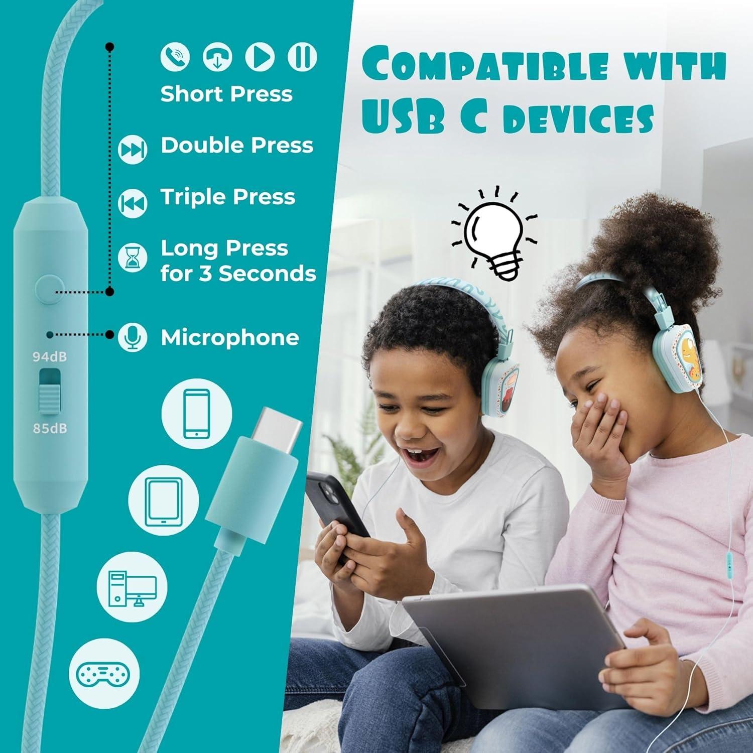 Auriculares Kidrox Dino LED para Niños, USB-C, Volumen Seguro