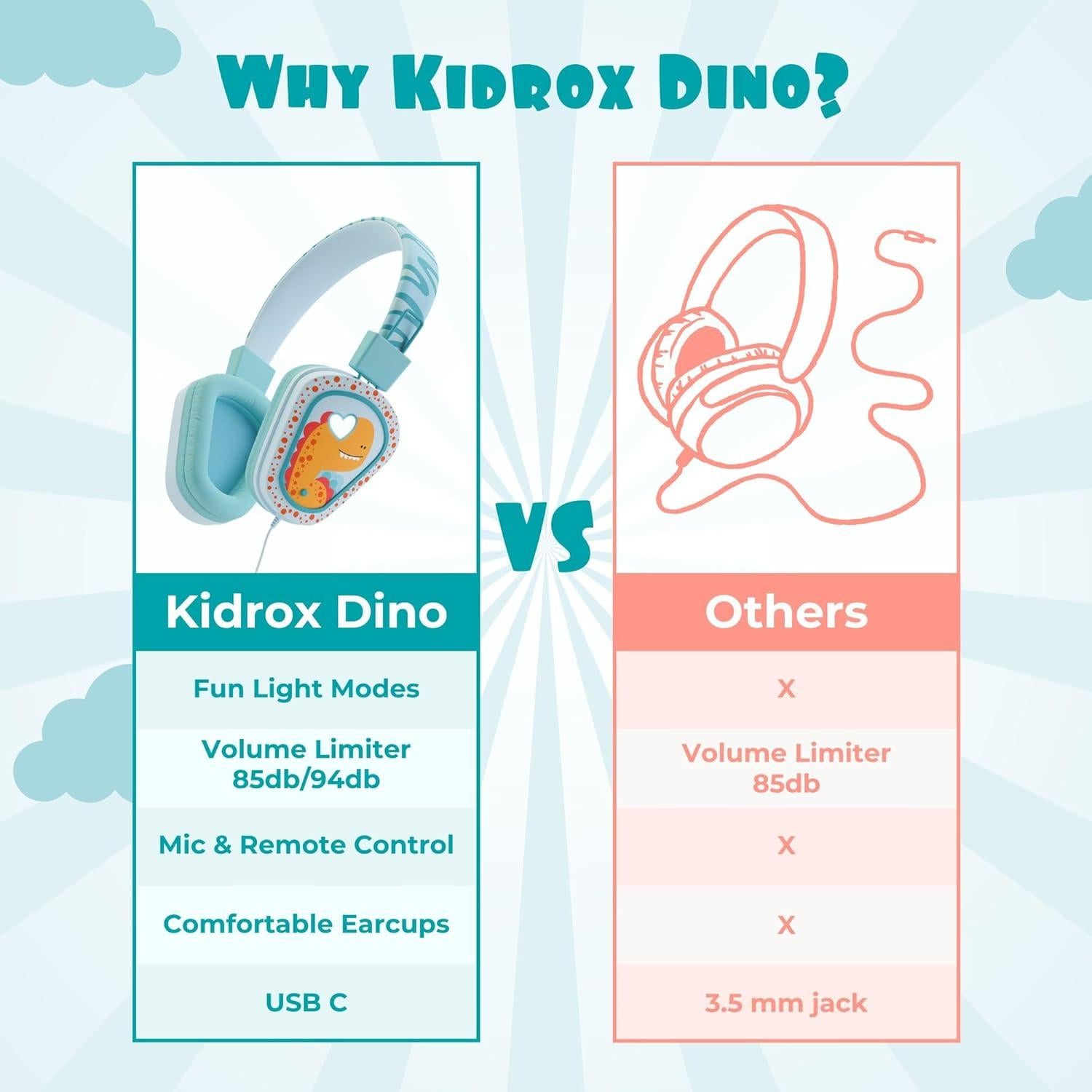 Auriculares Kidrox Dino LED para Niños, USB-C, Volumen Seguro