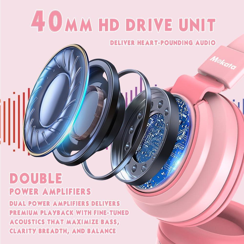 Auriculares MOKATA para Niños Rosa 85dB Plegables con Micrófono
