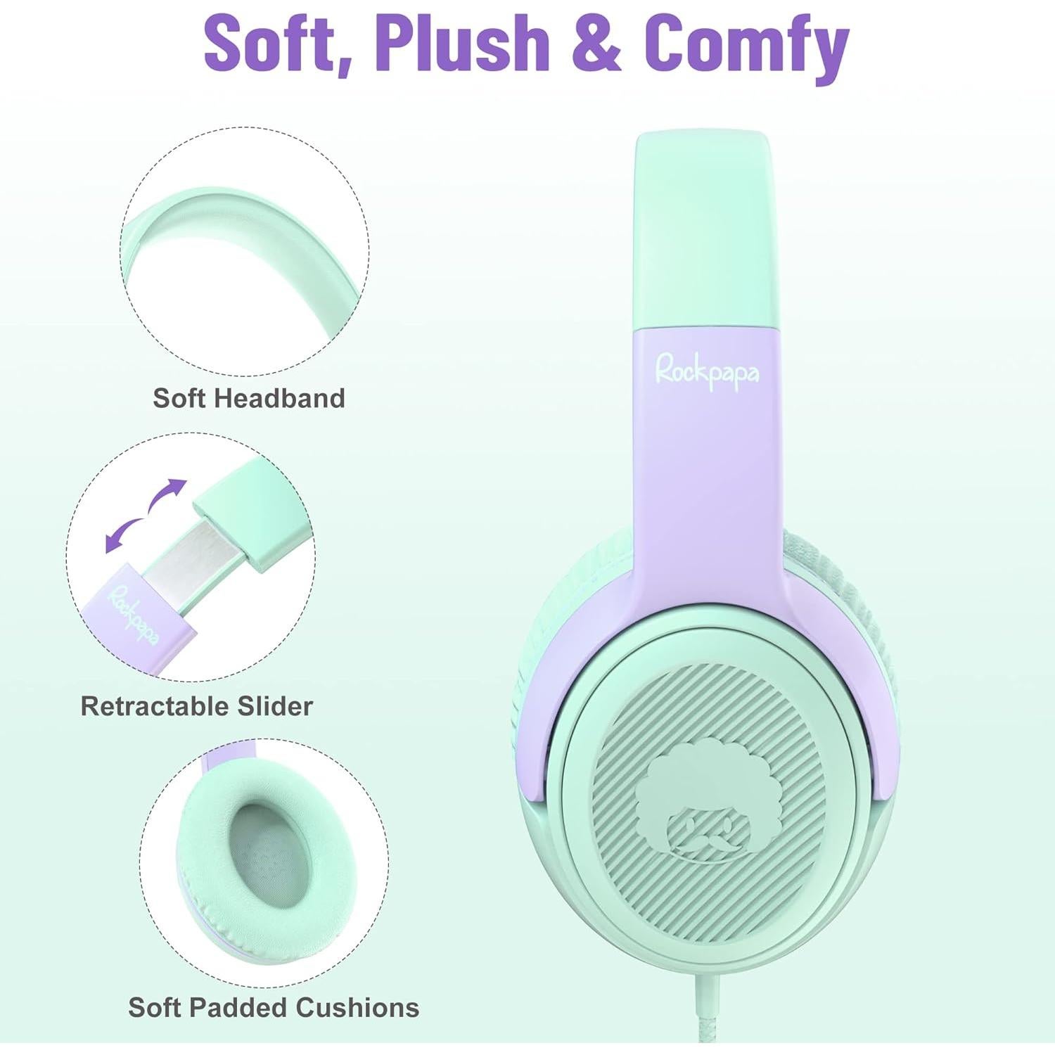 Auriculares Rockpapa Share 1 para Niños con Micrófono Verde/Púrpura