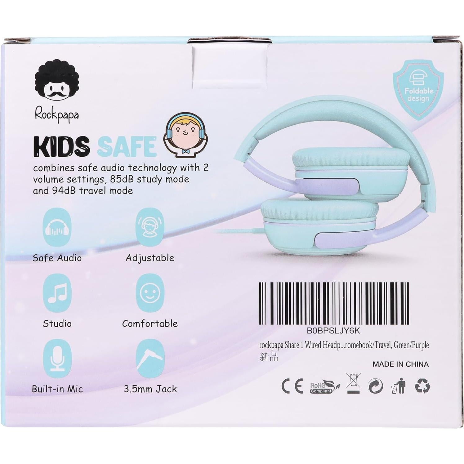 Auriculares Rockpapa Share 1 para Niños con Micrófono Verde/Púrpura